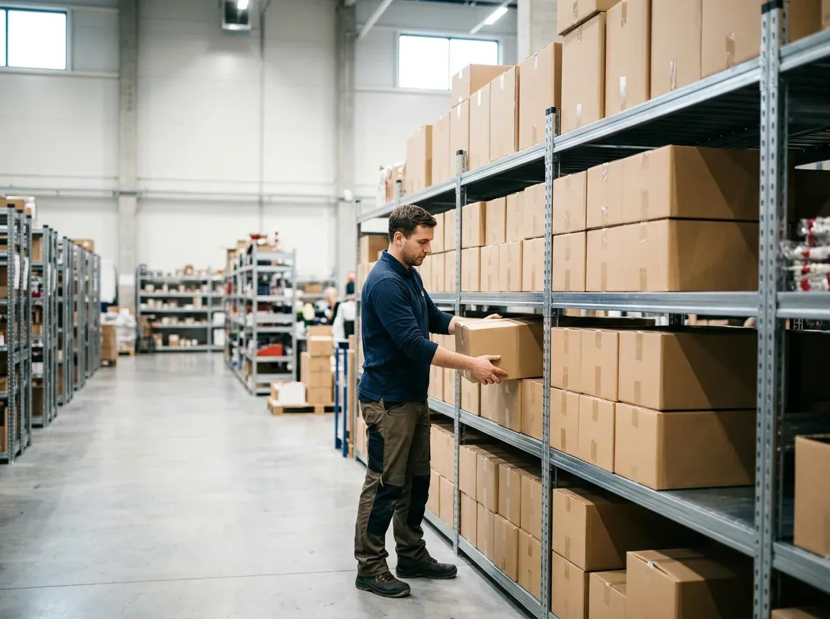 Warehouse worker pulling a cardboard box from a fully stocked metal shelving unit.